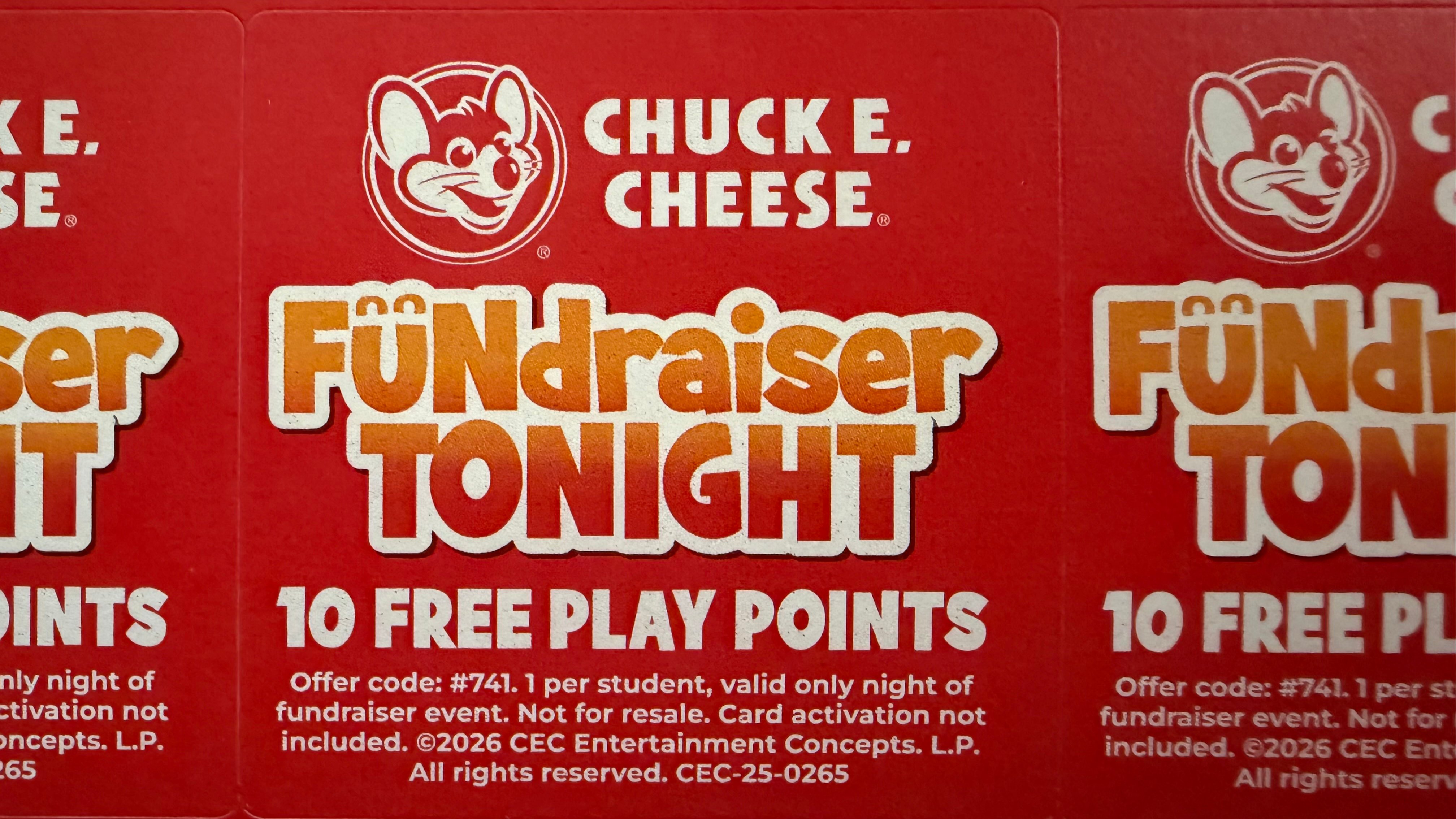 Chuck E Cheese logo and promotion information for fundraiser